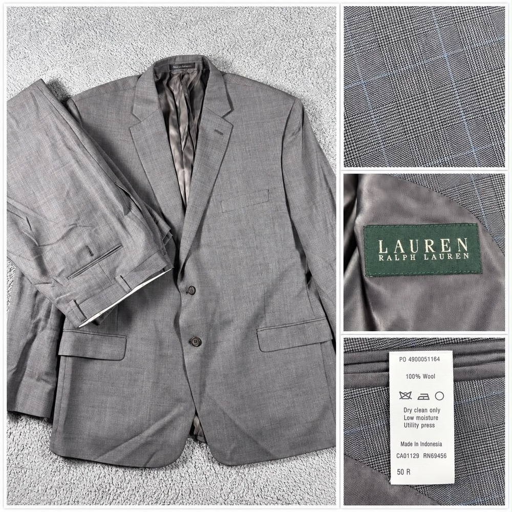 Ralph Lauren Suit Men 50R Gray Glen Plaid 100% Wool Blazer Pants Set 40x28